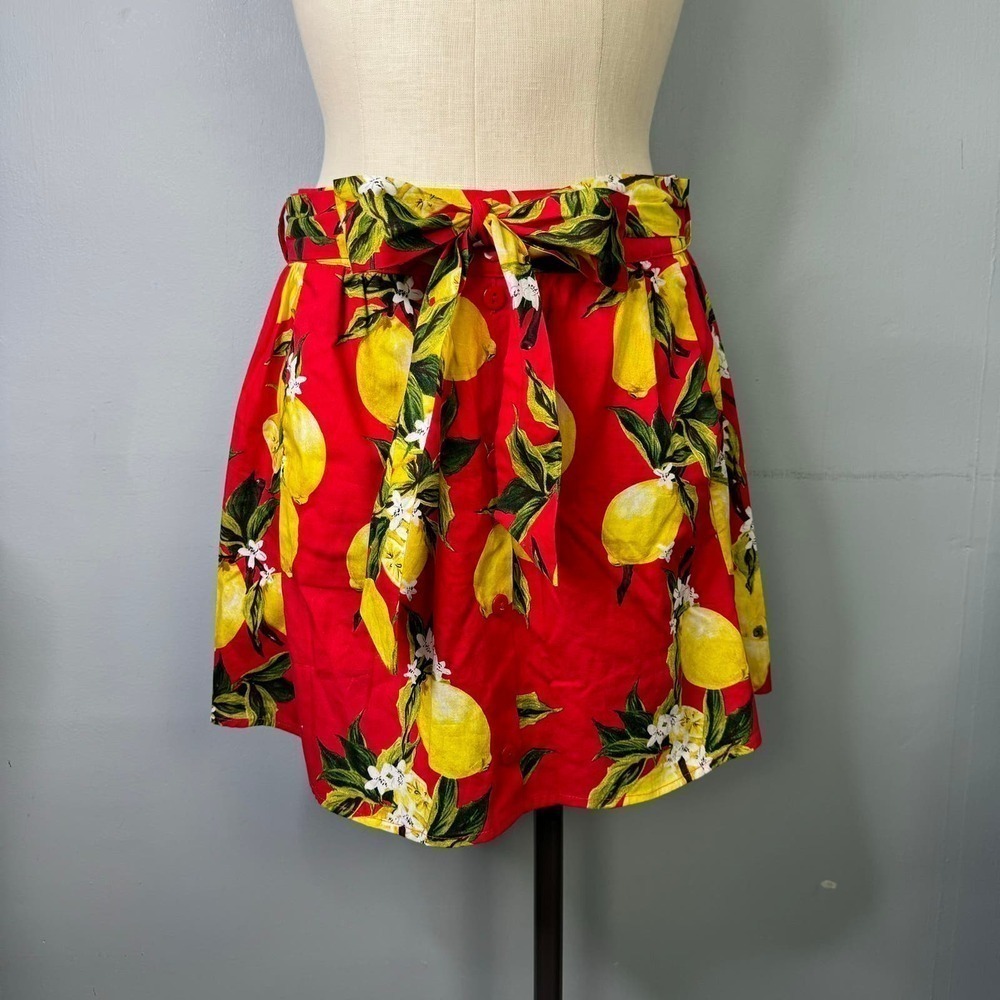 Lulumari Tie Belted Red Lemon Print Button Front Mini Skirt Women's Sz M Pockets